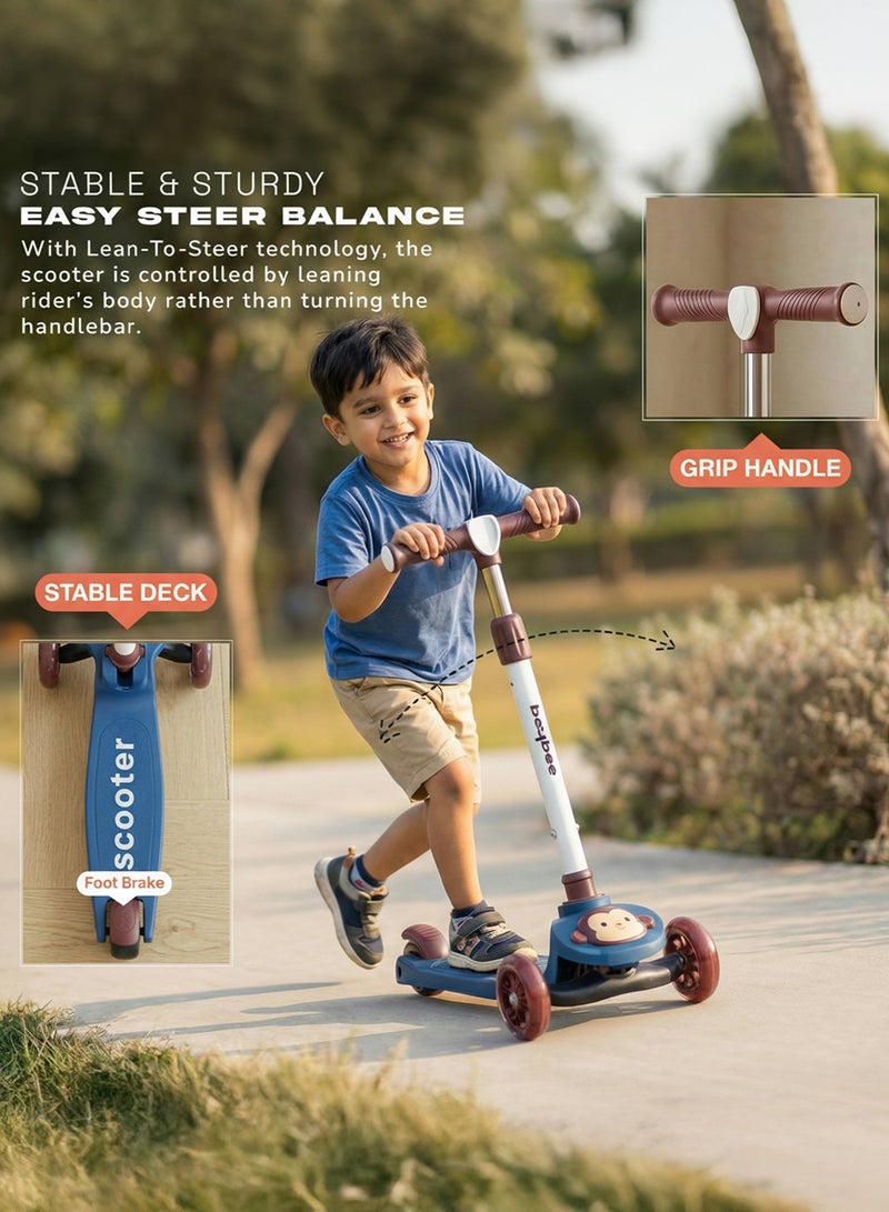 بيبي سكوتر مونكي للأطفال | سكوتر بثلاث عجلات للأطفال بثلاثة ارتفاعات قابلة للتعديل، مزود بإضاءة LED وموسيقى | سكوترات تزلج تتحمل وزنًا يصل إلى 50 كجم | سكوترات جري للأطفال من عمر سنتين إلى 10 سنوات، لون أزرق - Image 4